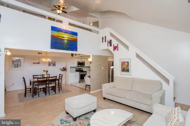 a living room with furniture kitchen view and a dining table