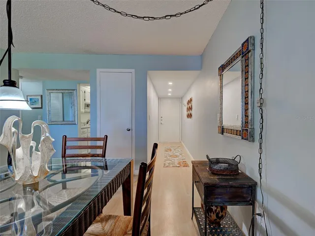 a view of a dining room with furniture