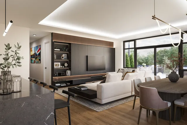 a living room with furniture large window and wooden floor