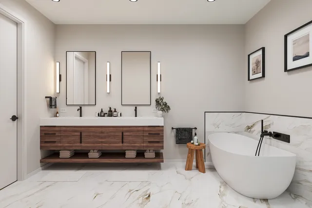 a bathroom with a tub sink and mirror