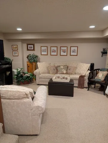 a living room with furniture and a potted plant