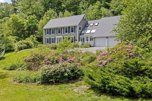 a aerial view of a house with a yard and potted plants