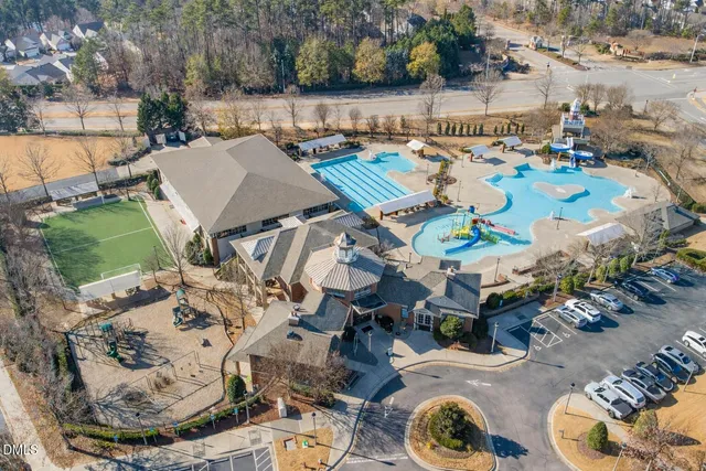 an aerial view of a fireplace with lots of tress