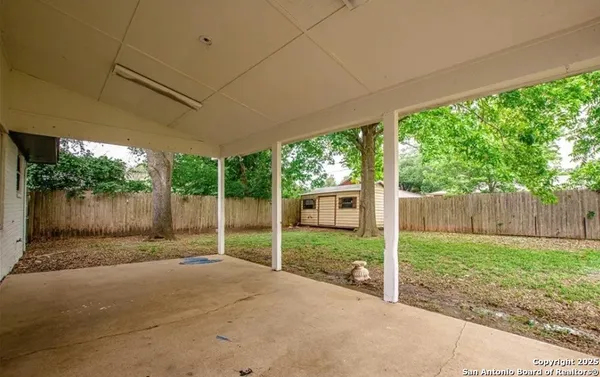 a view of a backyard with plants and large trees with wooden fence