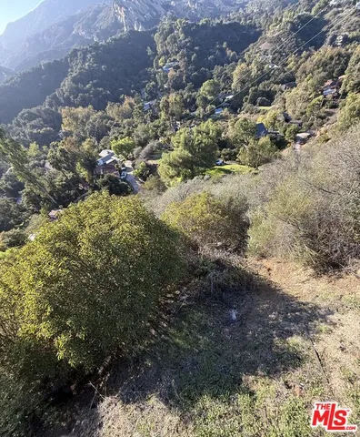 a view of a lush green field with mountains in the background