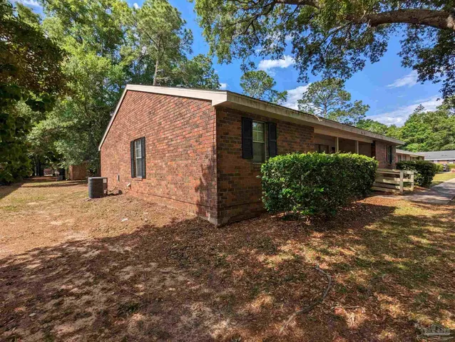 a view of a backyard with plants and large tree
