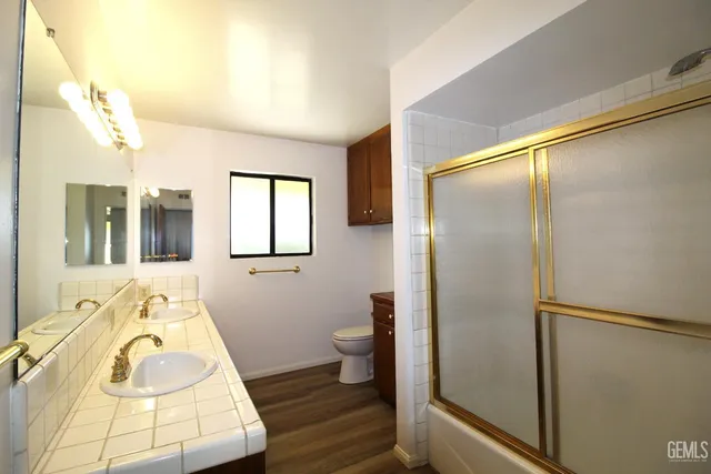a bathroom with a sink and mirror with toilet