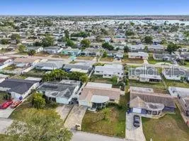 a view of a city with lawn chairs