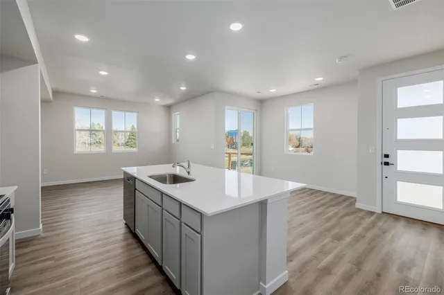 a kitchen with a sink and wooden floor