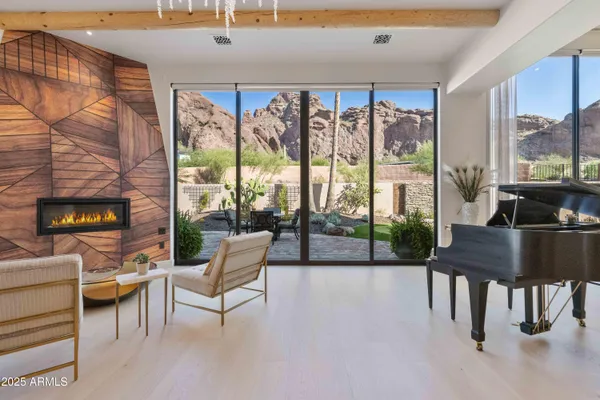 a view of a dining room with furniture window and outside view
