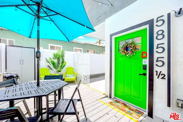 an outdoor space with furniture