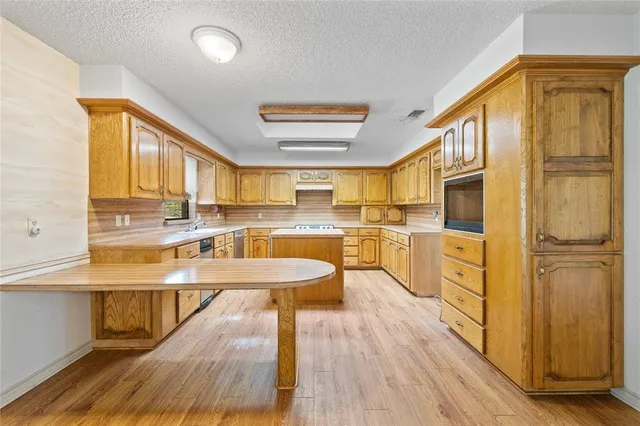 a kitchen with stainless steel appliances granite countertop a stove a sink dishwasher and a microwave oven with cabinets