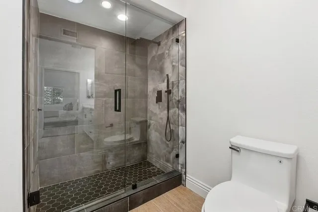 a bathroom with a shower and toilet