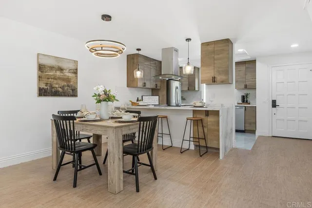 a view of a dining room with furniture