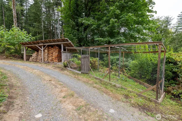 a view of a chair and table in the backyard