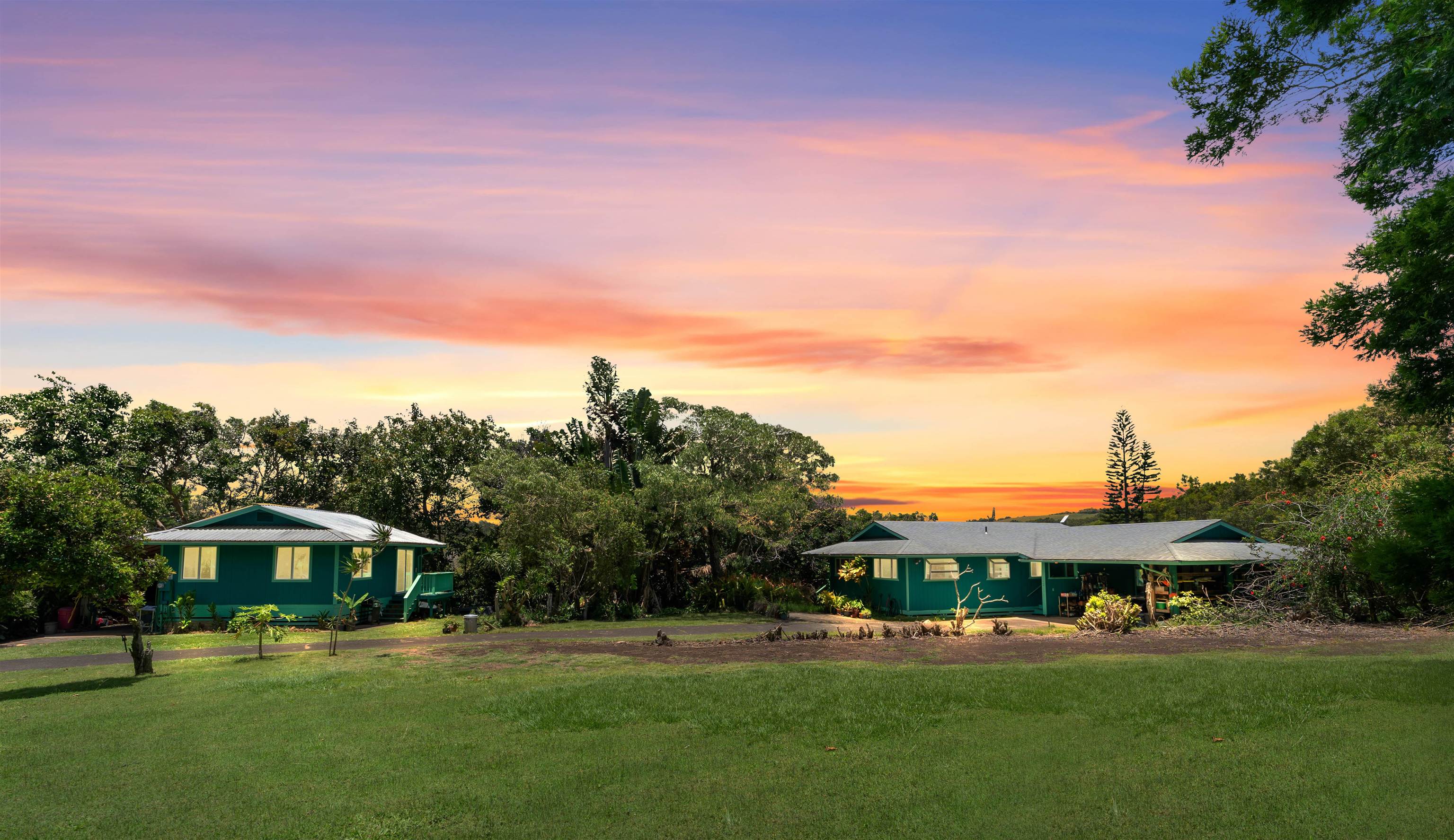 a front view of a house with a yard and trees