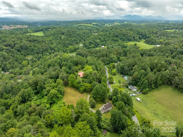 an aerial view of residential houses with outdoor space and trees