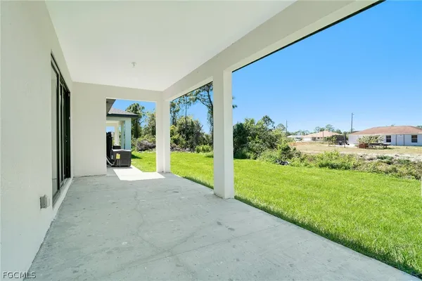 a view of backyard with potted plants and a large tree