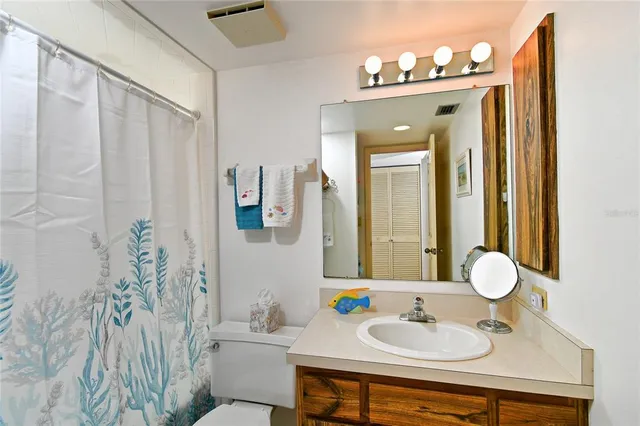 a bathroom with a sink vanity mirror and toilet