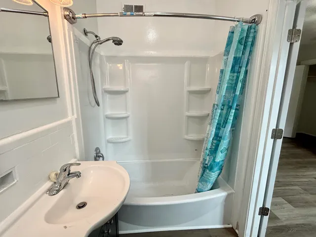 a bathroom with a shower and a sink