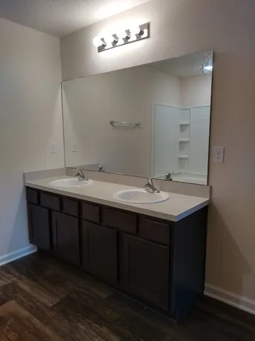 a bathroom with a sink and a mirror