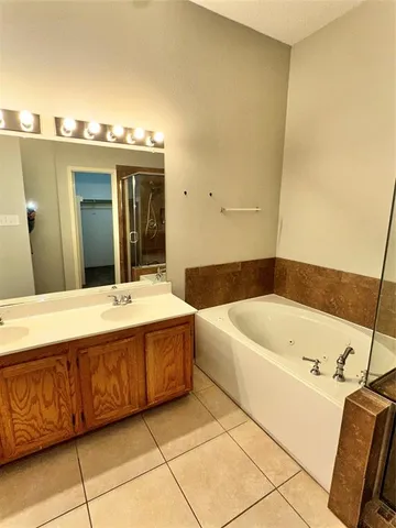 a bathroom with a tub a sink and a mirror