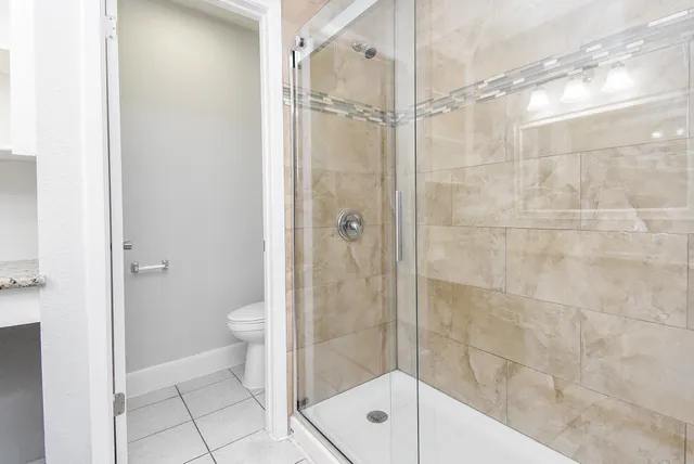 a bathroom with a shower and a toilet