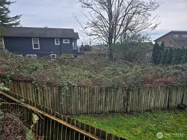 a view of a yard with plants and a large tree