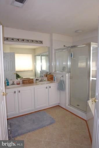 43191 Riders Square Broadlands, VA 20148 - Photo 9 of 21 a bathroom with a granite countertop sink mirror and a shower