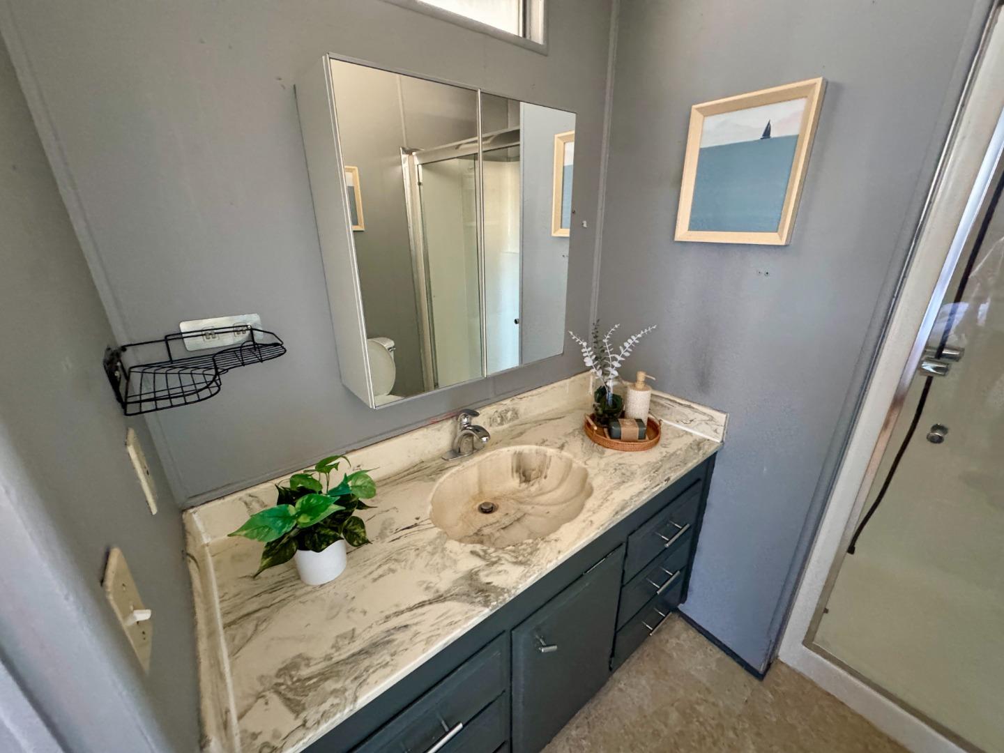 411 Lewis Road, Unit 256 San Jose, CA 95111 - Photo 12 of 12 a bathroom with a granite countertop sink a mirror and a shower