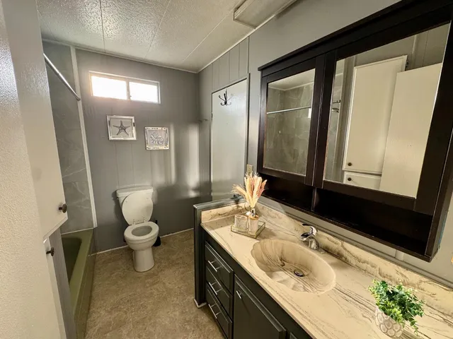 a bathroom with a sink toilet and mirror
