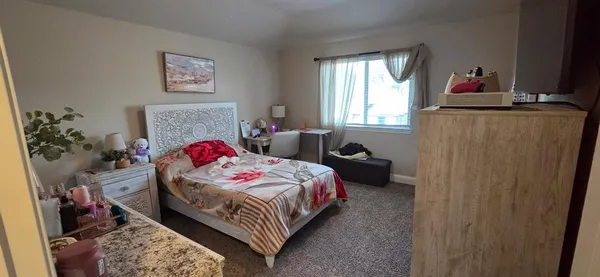 a bedroom with a bed and a dresser