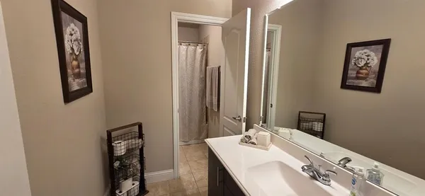 a bathroom with a sink and a mirror