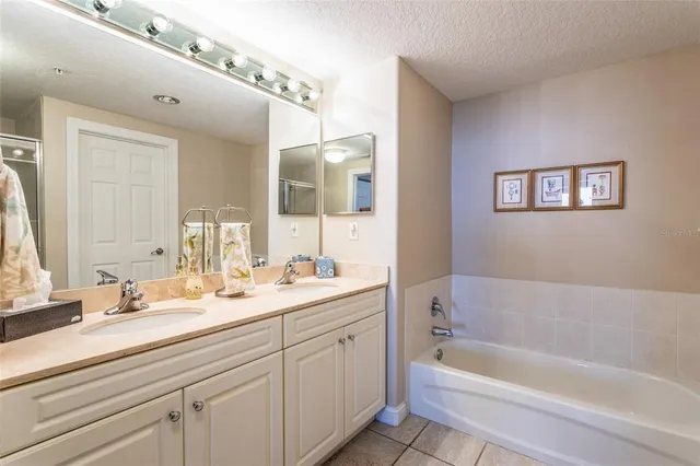 a bathroom with a tub a sink and mirror