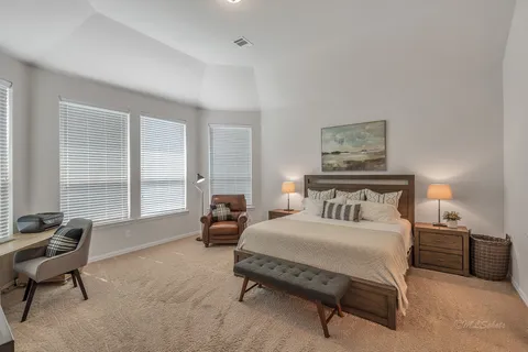 a bedroom with a bed and a couch