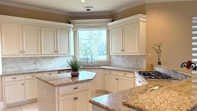 a kitchen with stainless steel appliances granite countertop a sink stove and cabinets