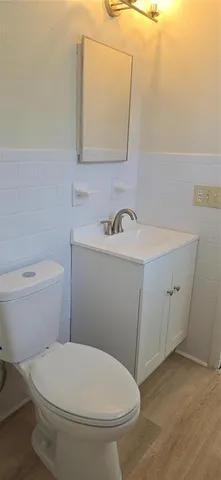 a bathroom with a sink a toilet and mirror