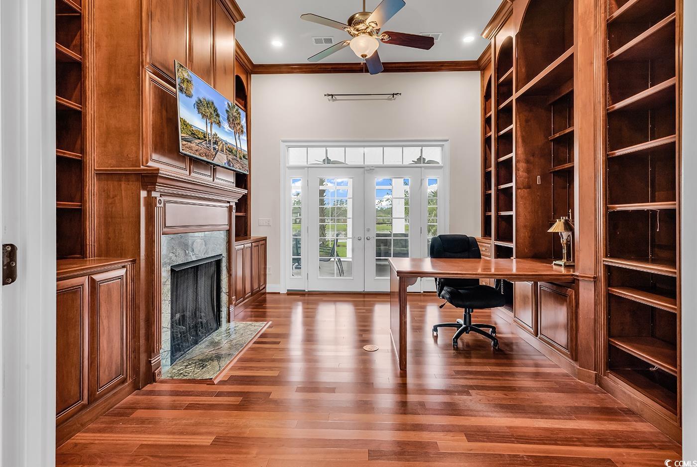 7029 Byrnes Lane Myrtle Beach, SC 29588 - Photo 6 of 40 Office space featuring crown molding, french doors, ceiling fan, and wood finished floors