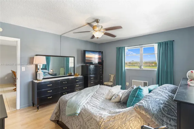 a bedroom with a bed and a flat tv screen on dresser