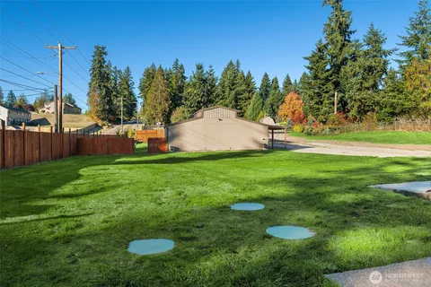 a view of a backyard with large trees