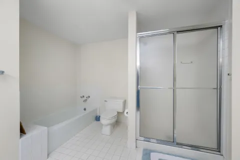 a bathroom with a bathtub and a toilet