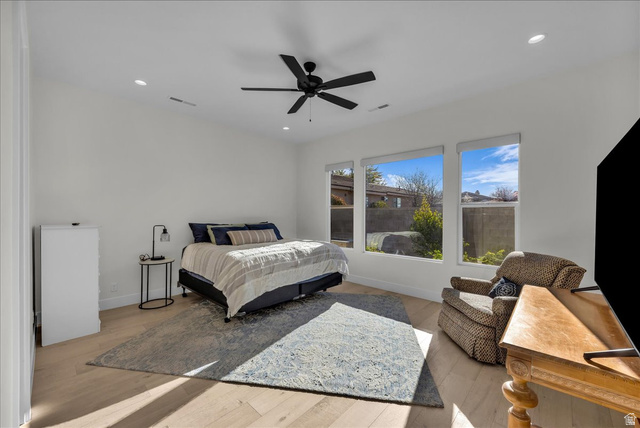 404 North Marsala Way St. George, UT 84770 - Photo 9 of 26 Bedroom featuring light wood-type flooring, a ceiling fan, and recessed lighting