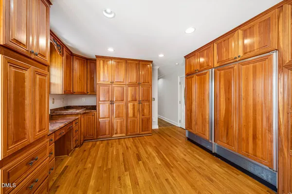 a view of a yard with plants and large trees