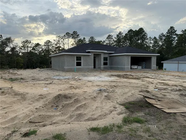 a front view of house with yard and trees in the background