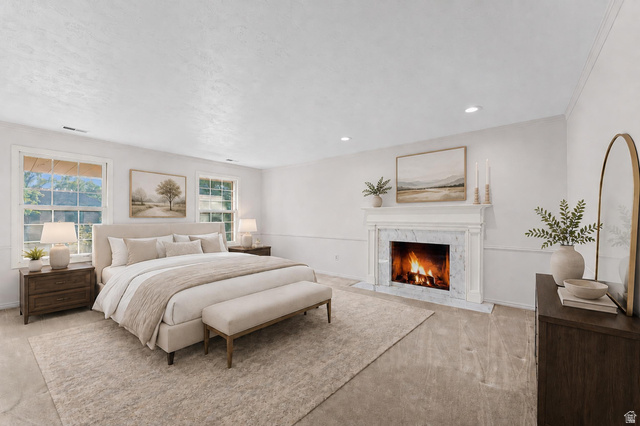 8441 Rua Branco Drive Sandy, UT 84093 - Photo 24 of 47 Spacious room featuring a white-mantled fireplace with a marble surround, recessed lighting, two sash windows, and wide plank wood-finish flooring