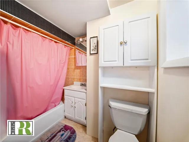 a bathroom with a sink a toilet and shower curtain