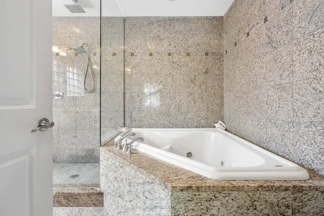 a bathroom with a bath tub and shower