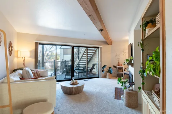 a living room with furniture and a potted plant