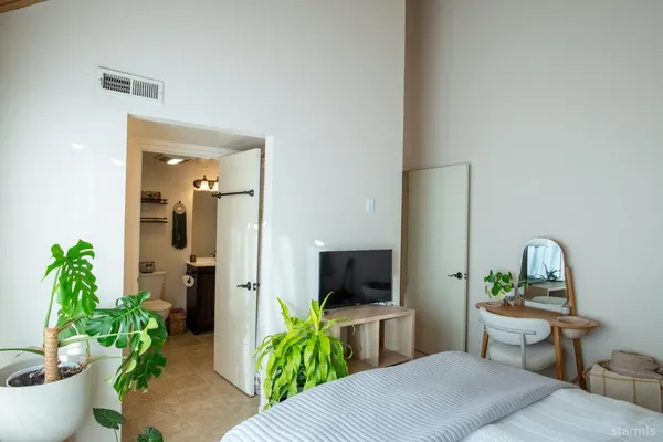 a living room with furniture and a potted plant