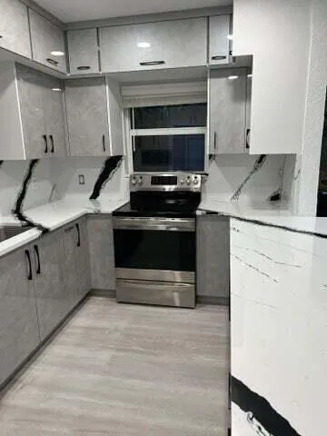 a kitchen with a stove and a microwave